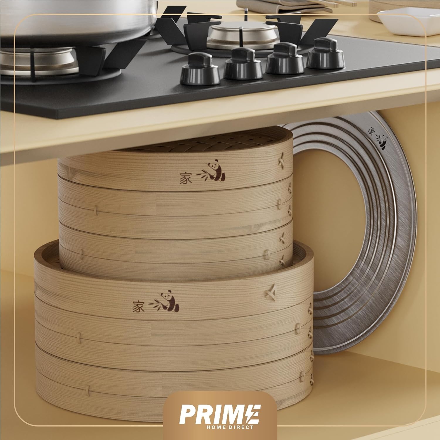 Shows the complete set of bamboo steamers that come with the product, demonstrating the variety of sizes included. Highlights how the steamers can be neatly stacked and stored under a cooktop,…