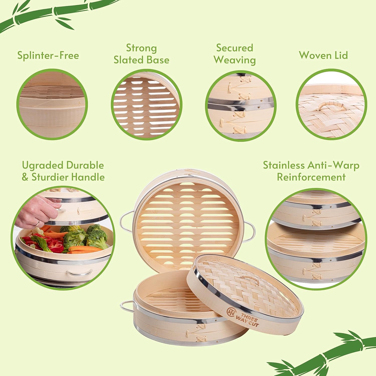 Highlights multiple features of the bamboo steamer to demonstrate its quality construction and durability.