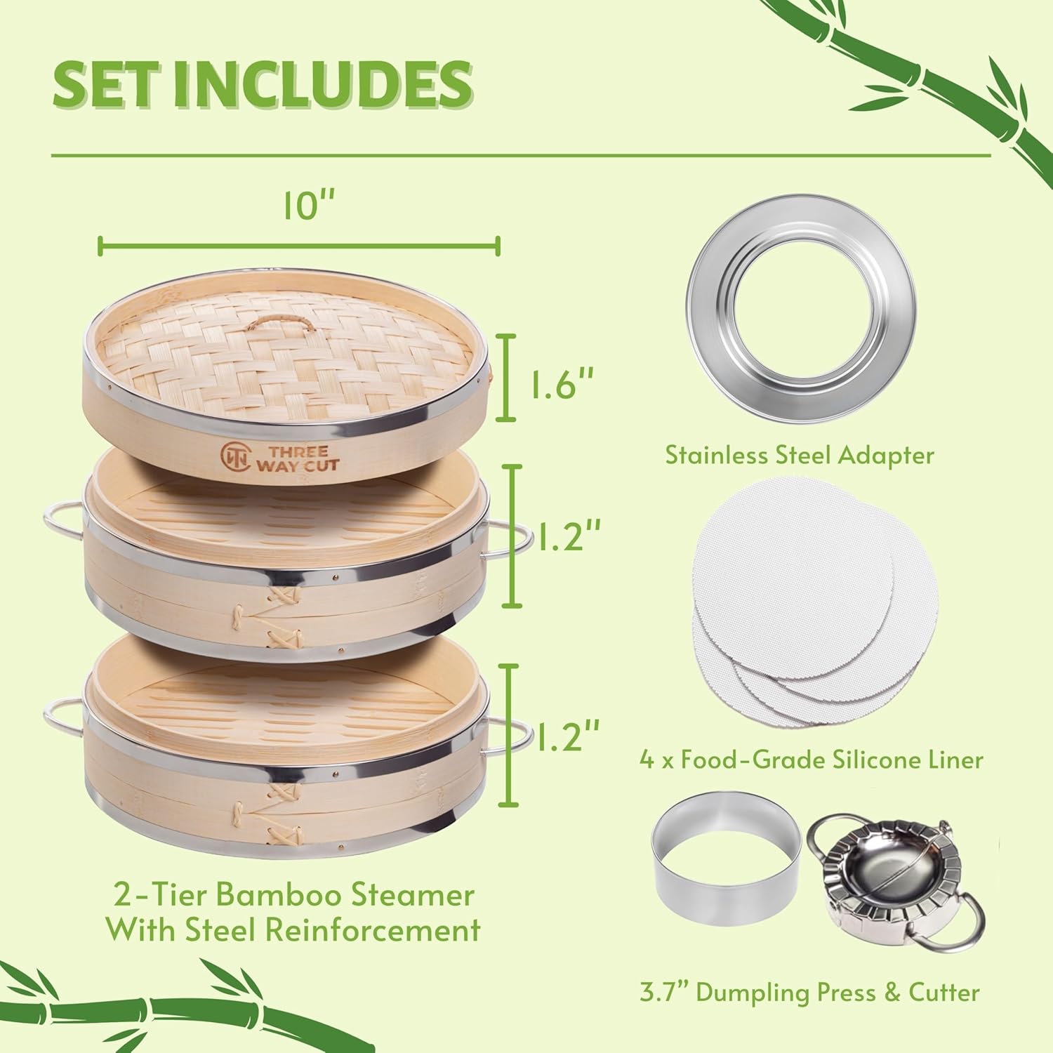 Secondary Images for Dumpling Bamboo Steamer 10 Inch 2 Tier Wooden Basket With Handle