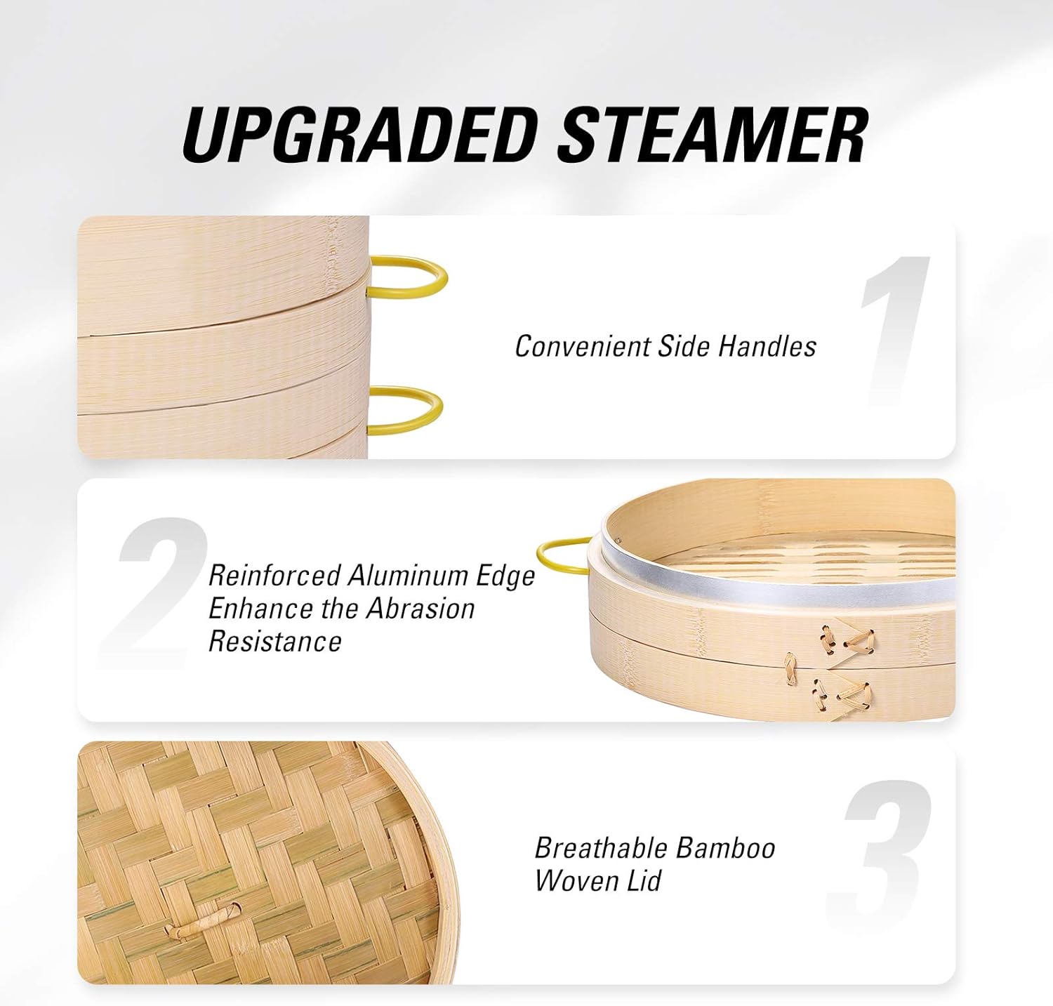 Highlights multiple upgraded features of the steamer to show its improved design and functionality.