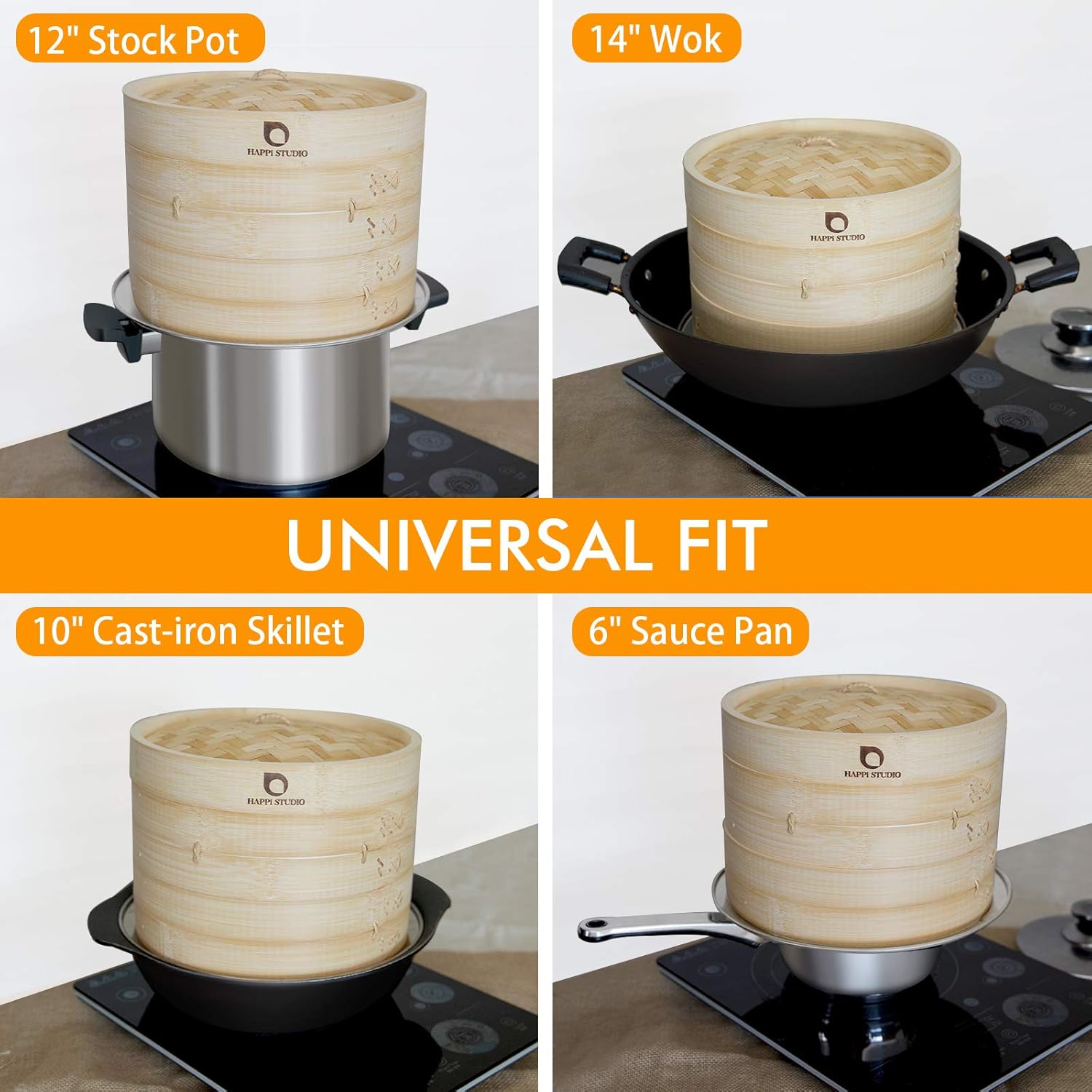 Demonstrates the versatility of the product by showing it fits various types and sizes of cookware.