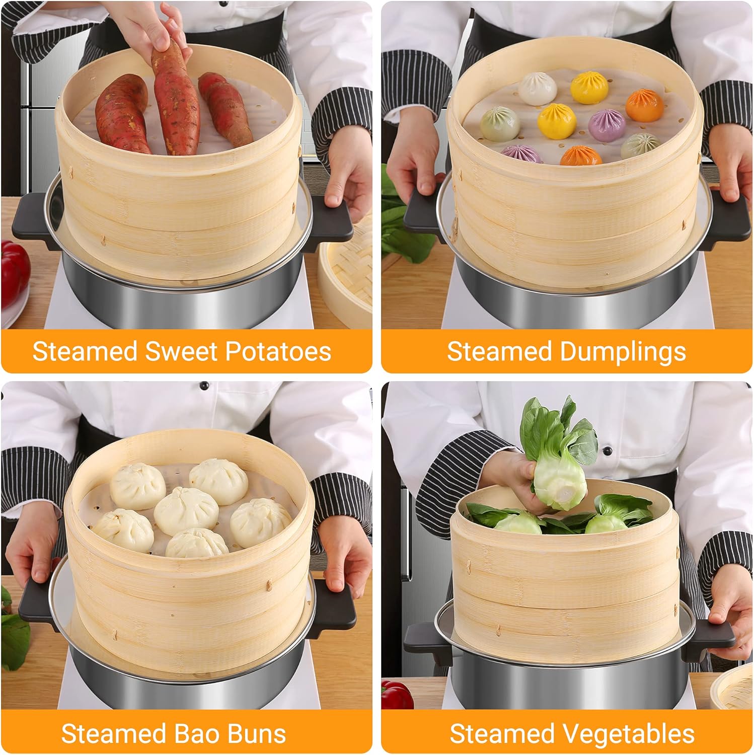 Demonstrates the various foods that can be prepared using the steamer, showcasing its versatility in cooking different dishes.