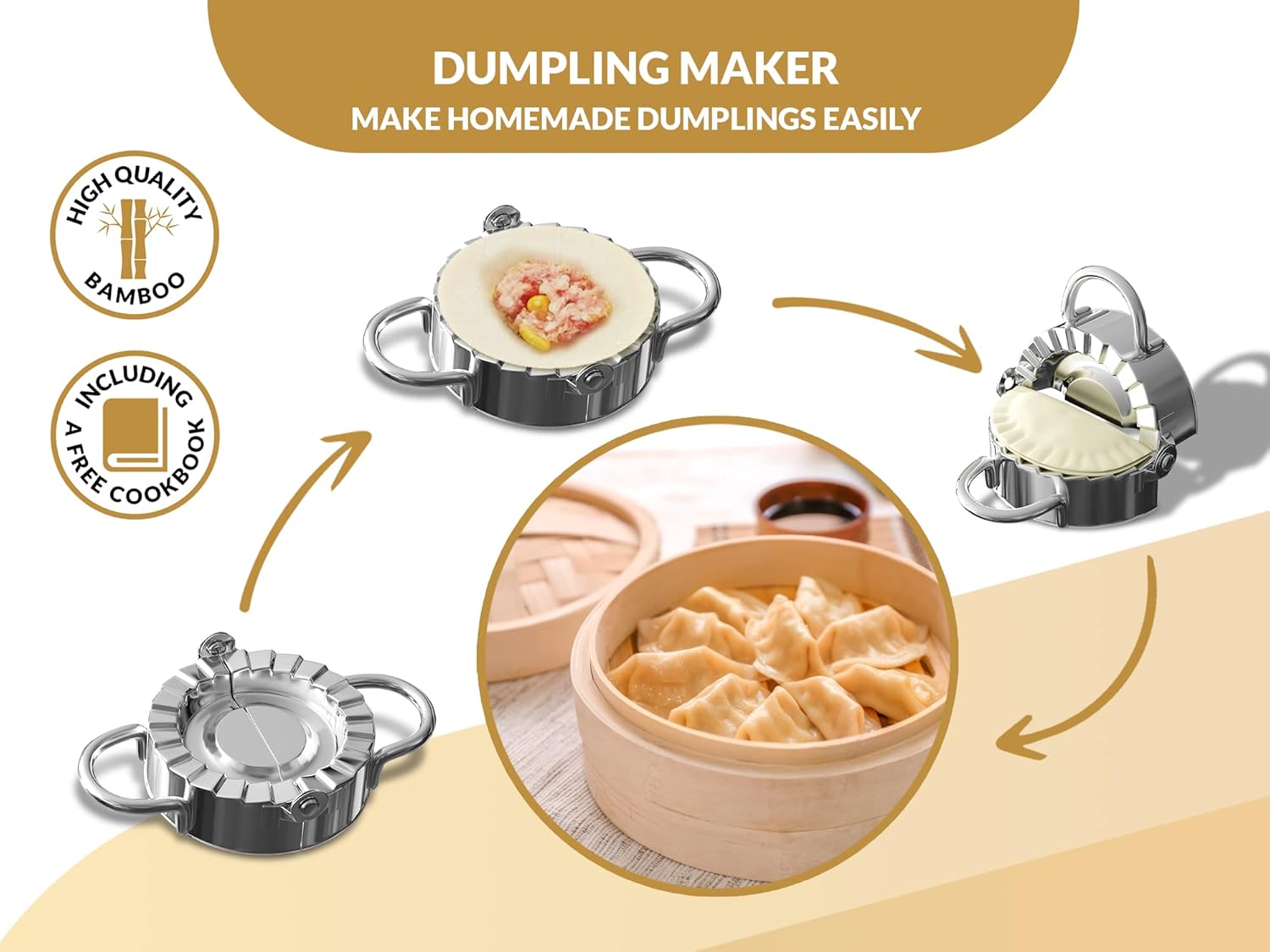 Demonstrates the simple process of making homemade dumplings using the product, encouraging customers to try it themselves. Highlights additional value by showcasing the bamboo quality and included…