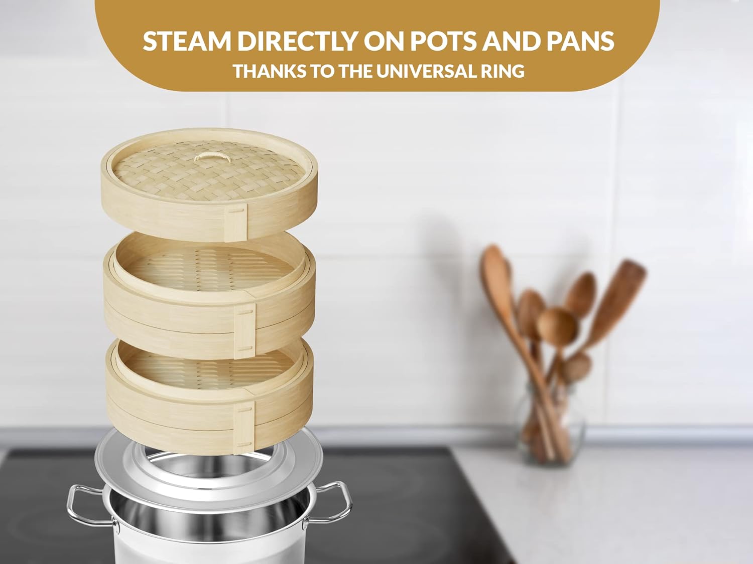 Highlights the product's ability to steam directly on pots and pans using a universal ring, emphasizing versatility and convenience in cooking.