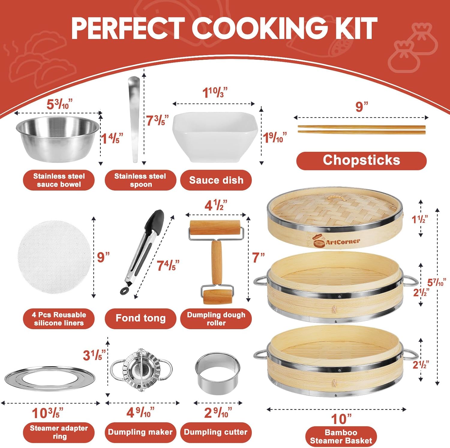 Shows all items included in the cooking kit, highlighting the variety and completeness of the set for potential buyers. Provides exact measurements for each item in the kit, helping customers…
