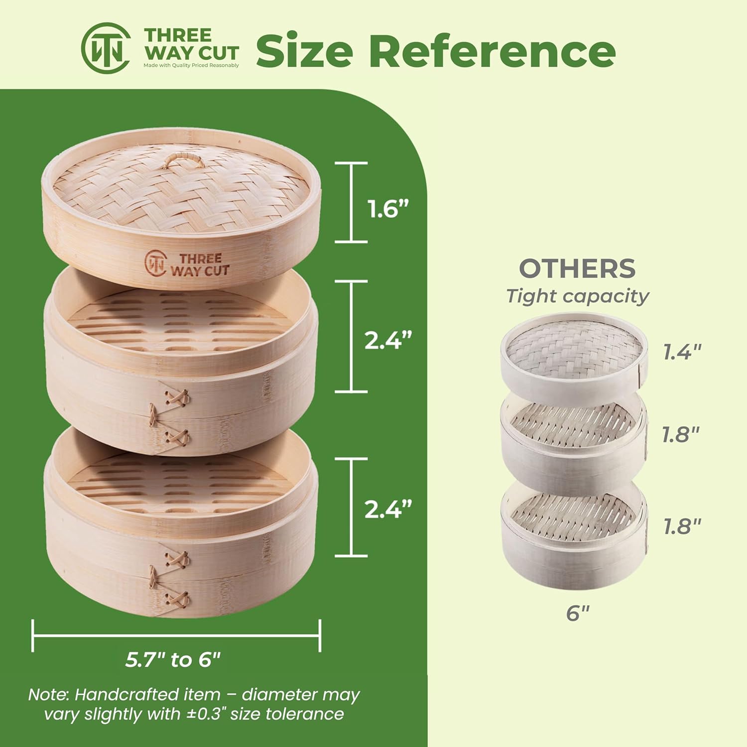 Provides exact measurements of the bamboo steamer to help customers understand its size and capacity compared to other options. Compares the product's size and capacity to other steamers,…