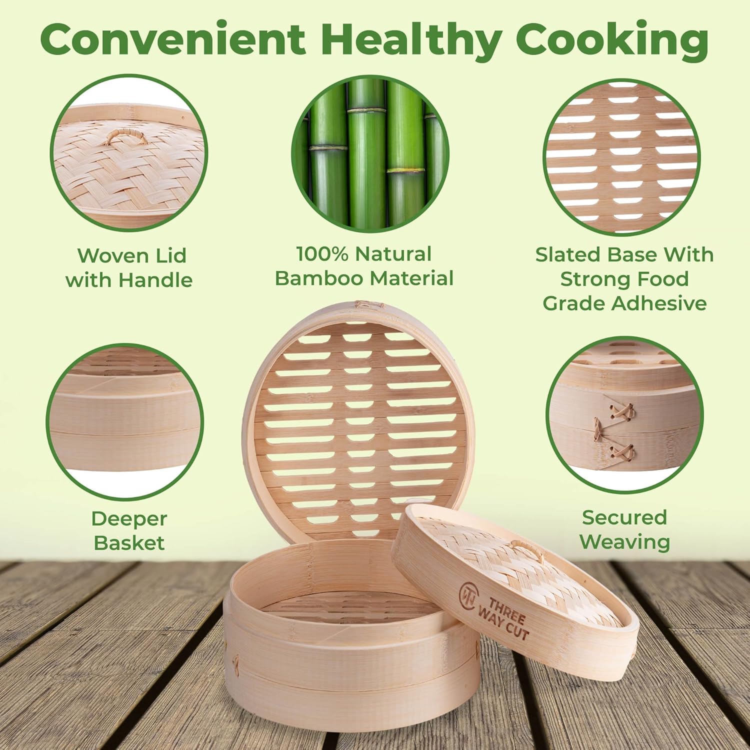 Highlights multiple features of the bamboo steamer basket to show its quality construction and ease of use for healthy cooking.