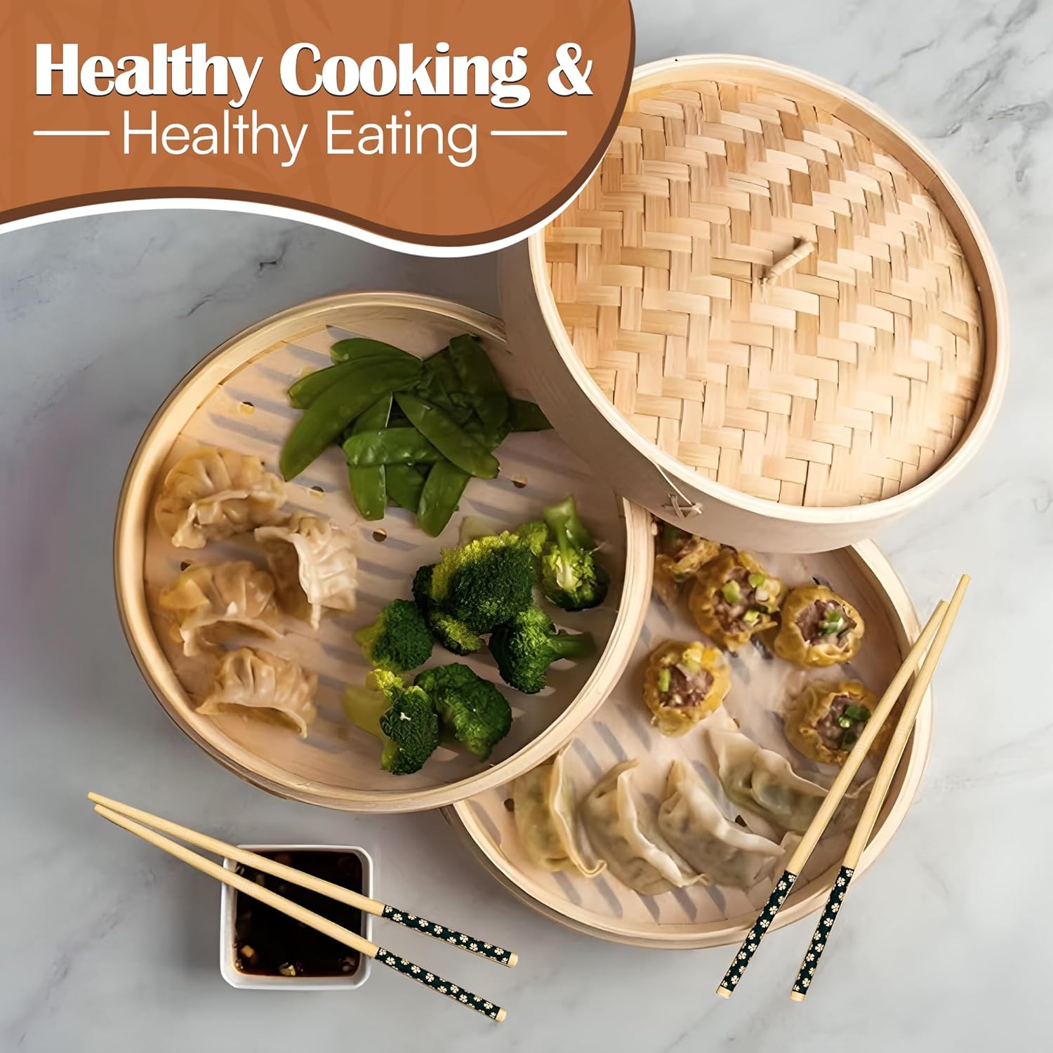 Demonstrates how the product can be used for healthy cooking and eating, specifically for steaming various foods.