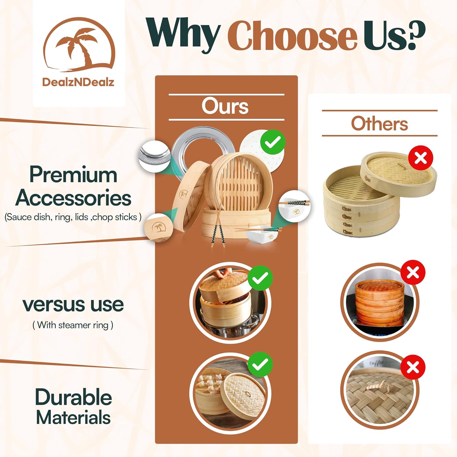 Highlights the superior quality and features of the product compared to competitors, emphasizing premium accessories, durability, and versatility.