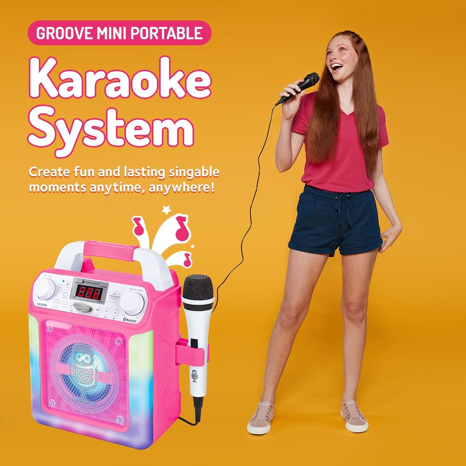 Demonstrates the product's use as a portable karaoke system for creating fun, singable moments anywhere. Shows a person using and enjoying the product in a real-world context, emphasizing the fun…