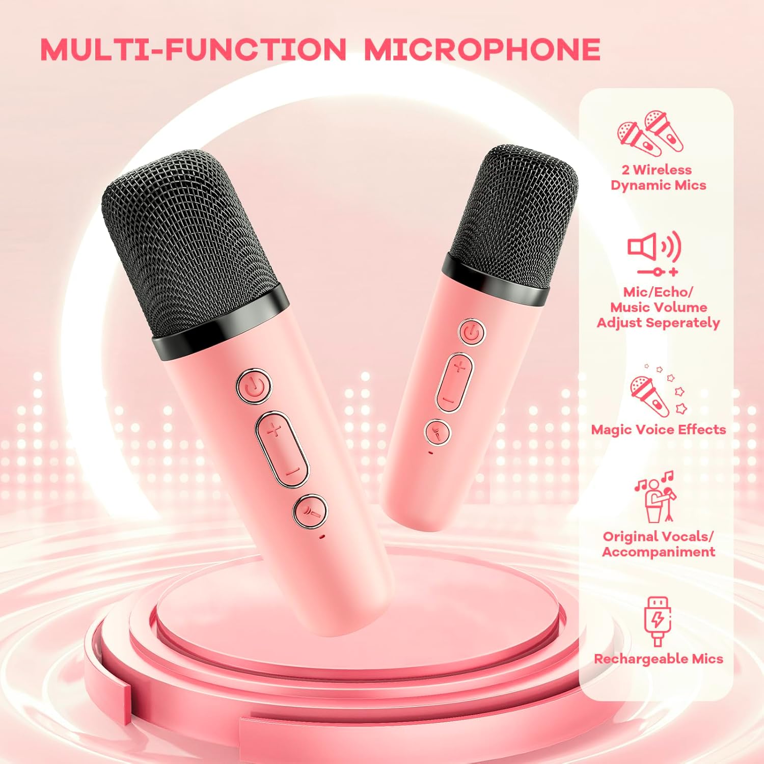 Showcases multiple features of the microphone to highlight its versatility and functionality for potential buyers.