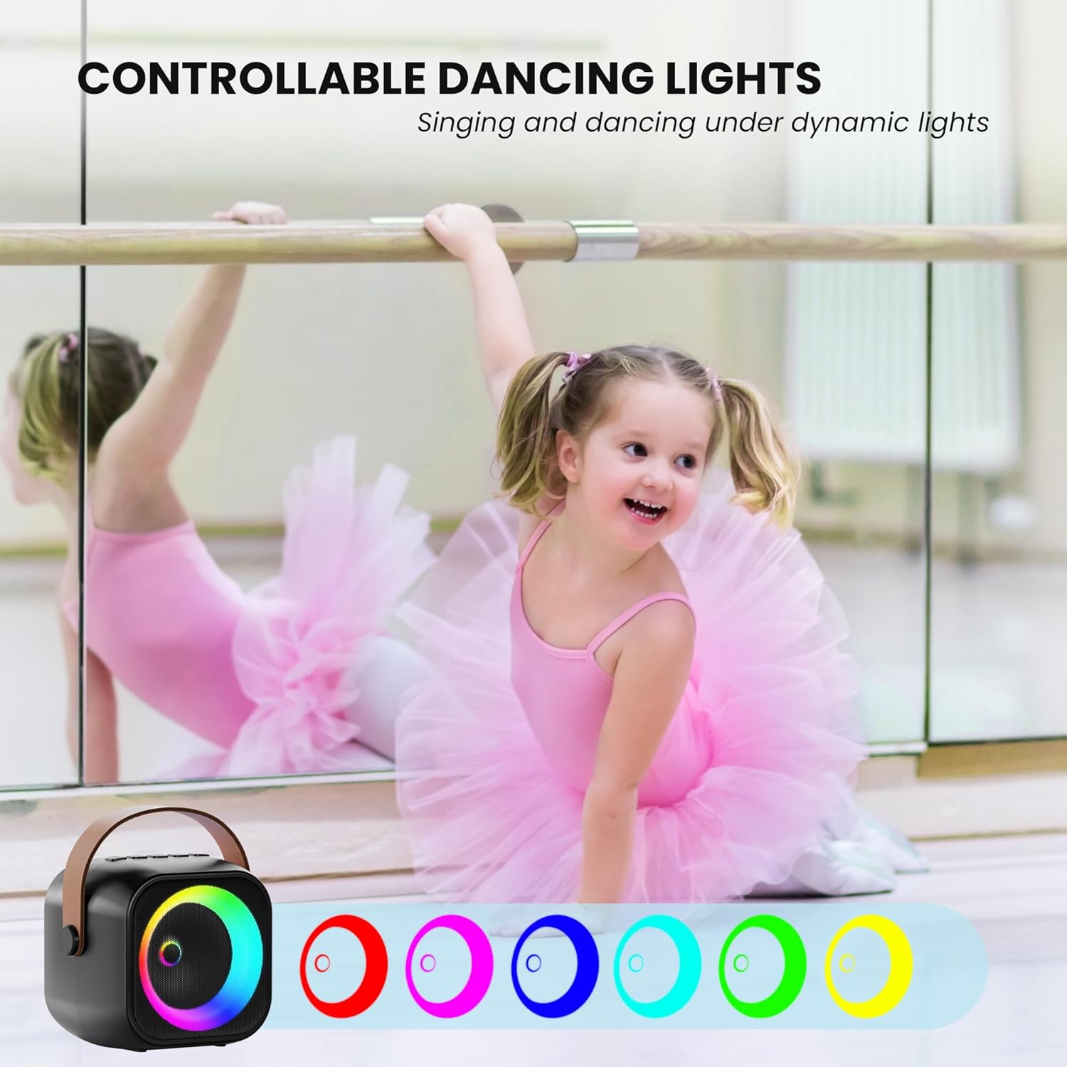 Demonstrates how the controllable dancing lights can enhance singing and dancing activities, particularly for children. Highlights the product's main feature of providing dynamic, controllable…