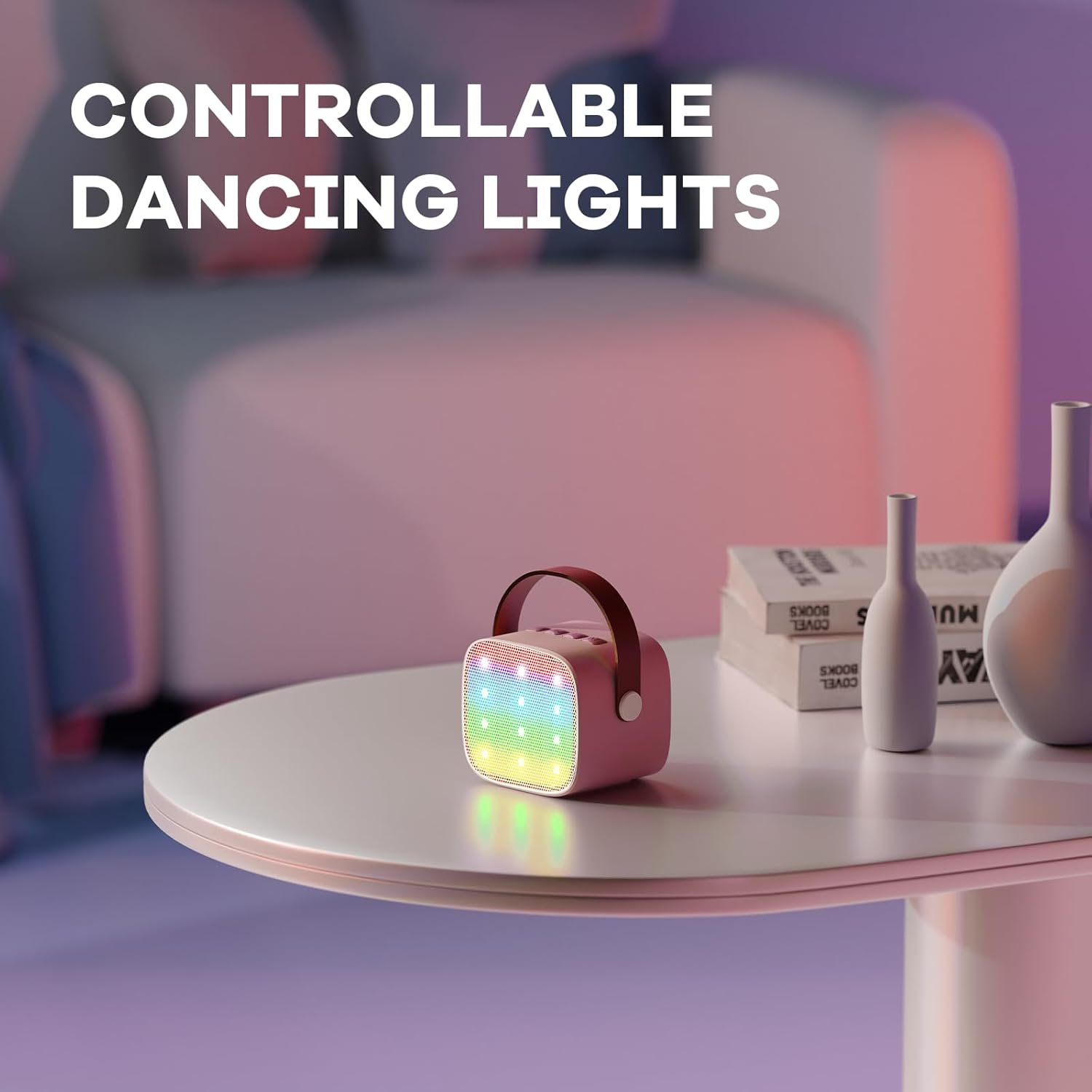 Highlights the product's key feature of controllable dancing lights, emphasizing its ability to create an engaging visual atmosphere.