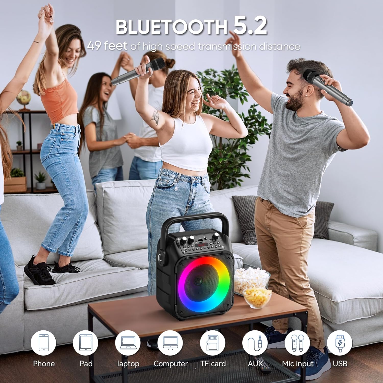 Highlights the product's advanced Bluetooth capabilities and versatile connectivity options to demonstrate its wide-ranging compatibility and ease of use.