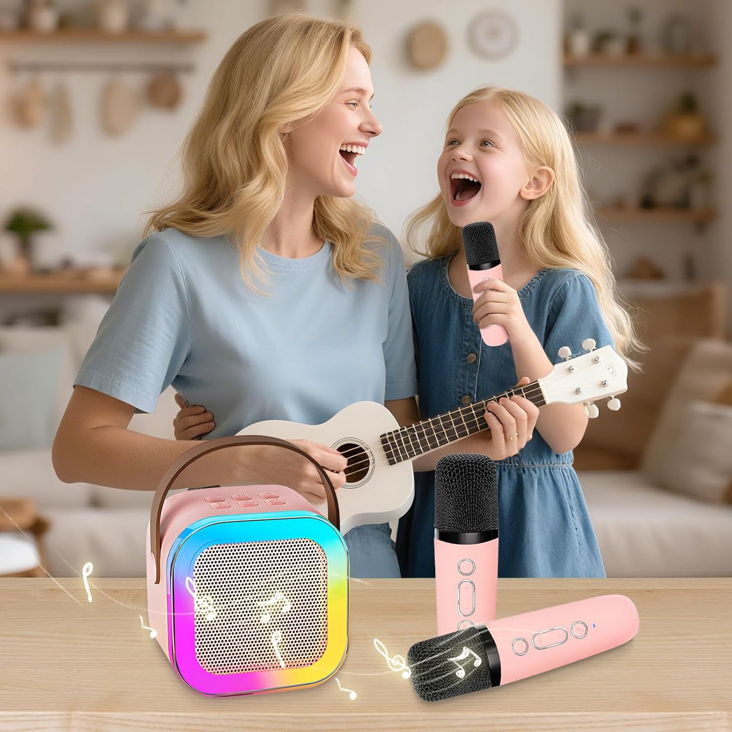 Demonstrates how the product can be used for family bonding and entertainment through music and singing activities. Shows the product being enjoyed in a…