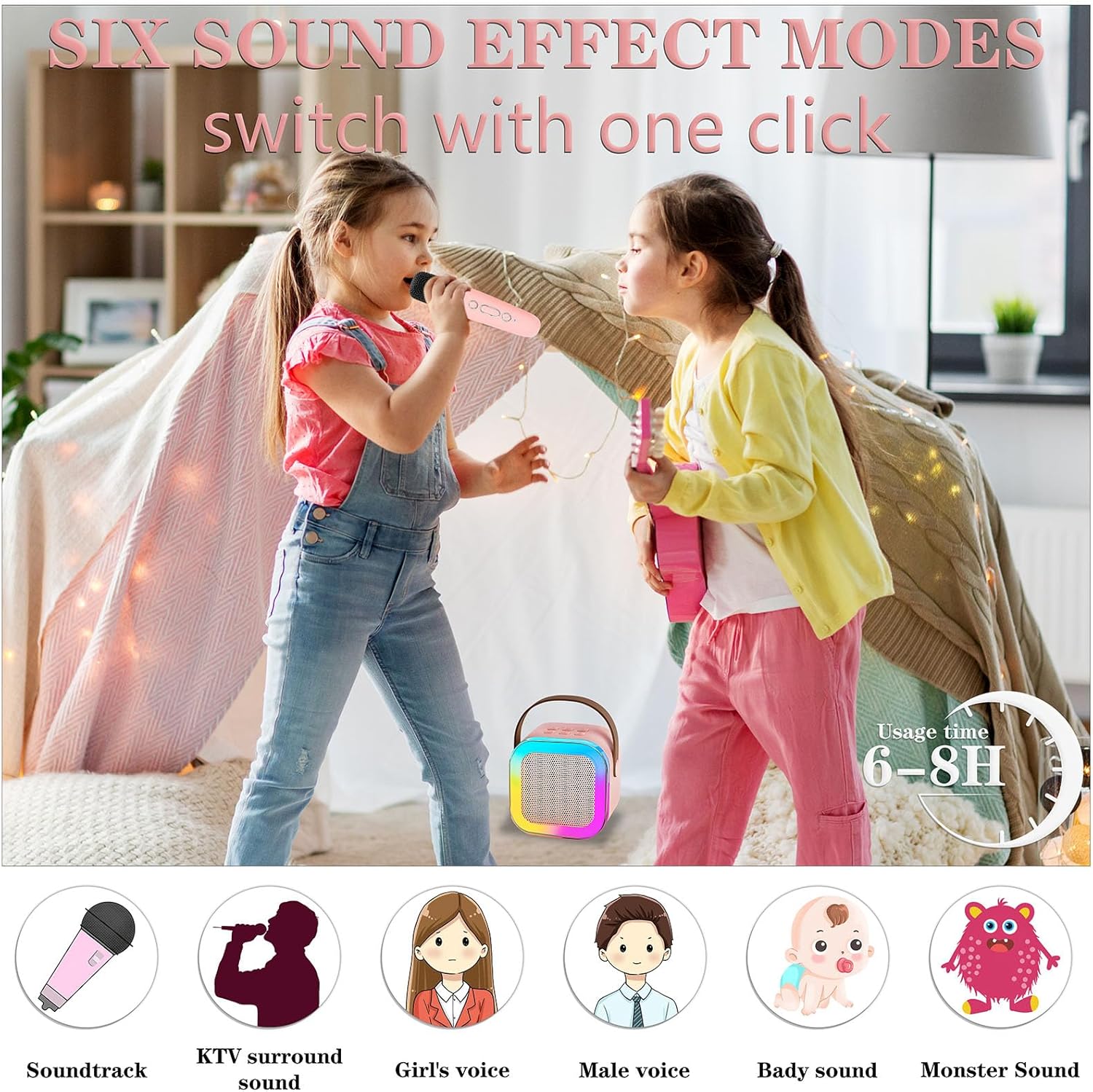 Highlights multiple features of the product including various sound effect modes, long battery life, and portable design to showcase its versatility for…