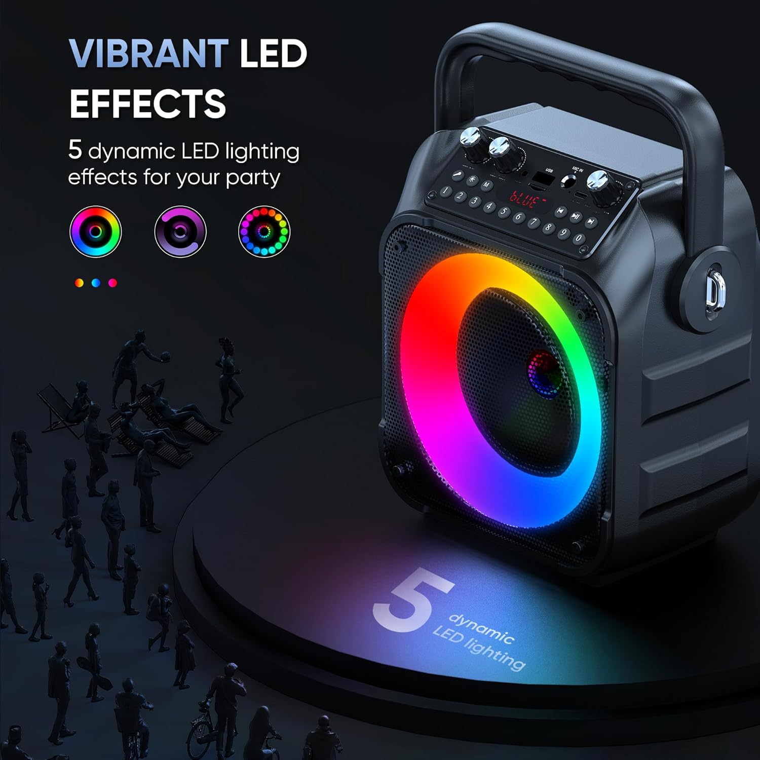 Highlights the product's vibrant LED lighting feature with 5 dynamic effects to enhance party atmosphere.