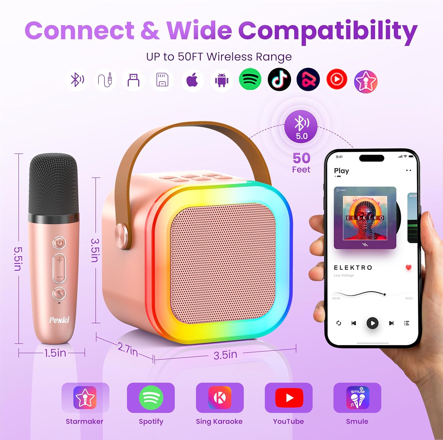 Demonstrates the product's compatibility with various devices and apps, as well as its wireless range capability. Shows the physical dimensions of the speaker and microphone to highlight their…