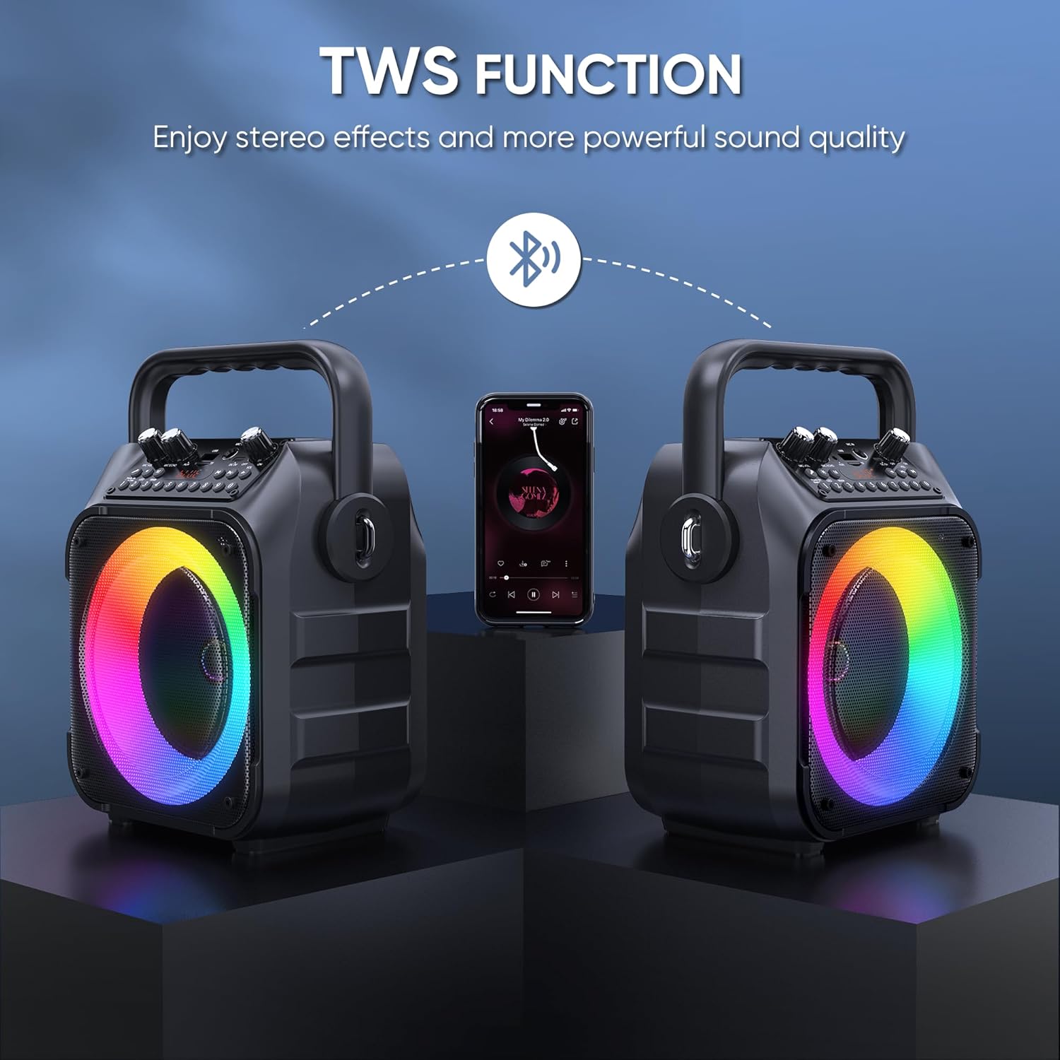 Highlights the True Wireless Stereo (TWS) feature, emphasizing improved sound quality and stereo effects when using two speakers together.