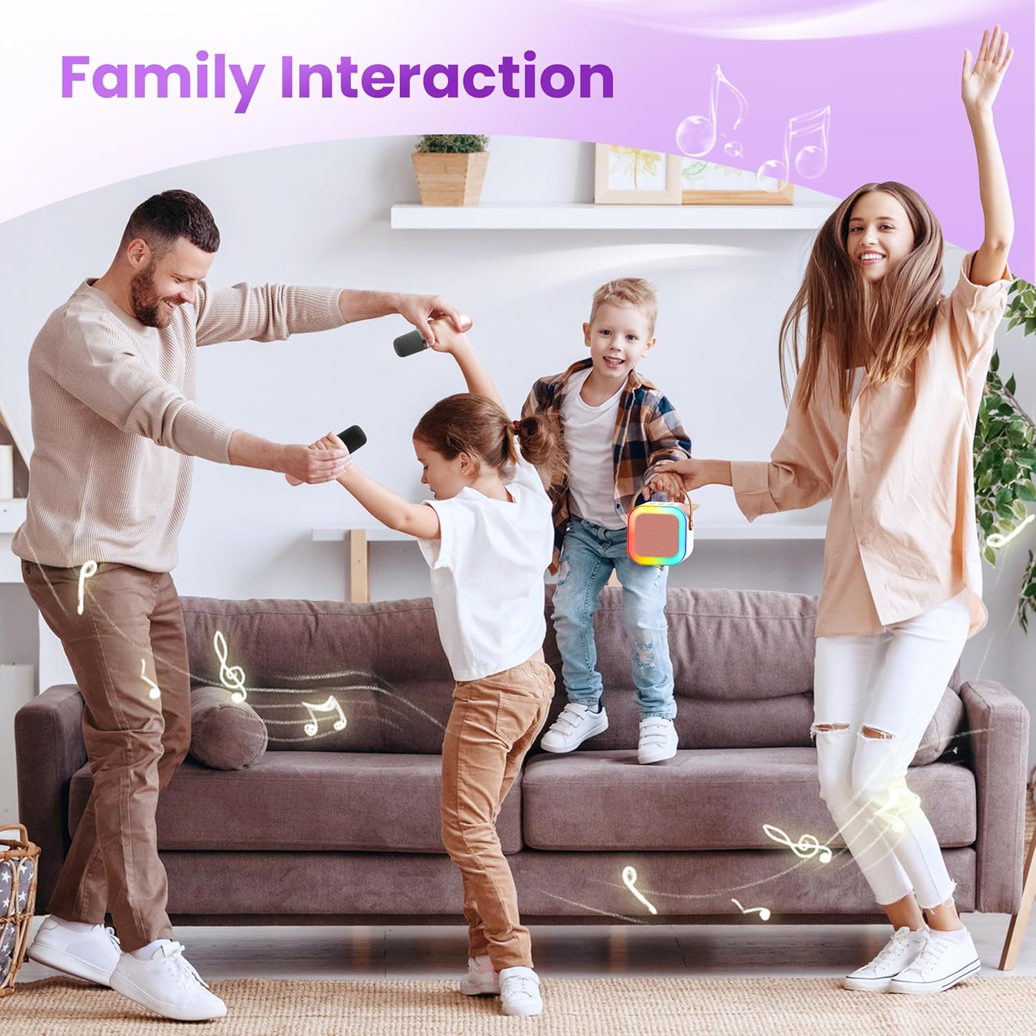Demonstrates how the product brings the family together for interactive entertainment and bonding time.