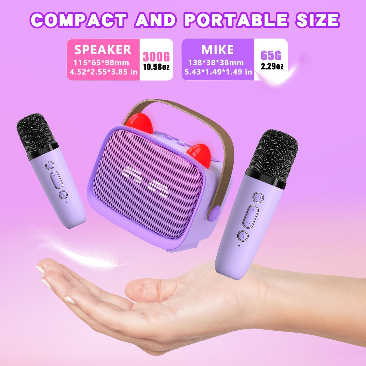 Demonstrates the small size and portability of the speaker and microphones to highlight their convenience for travel or on-the-go use.