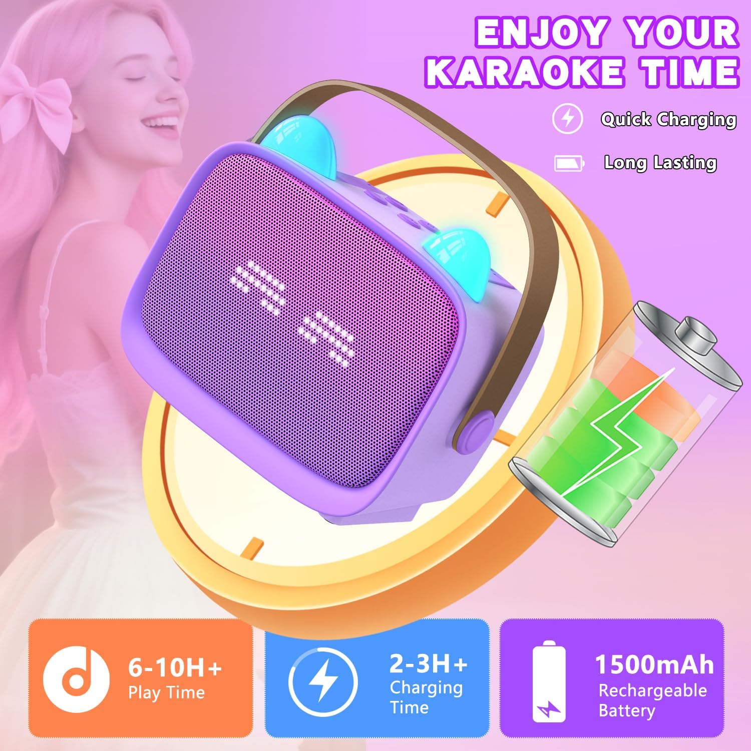 Highlights the product's extended play time and fast charging capabilities to appeal to users who want uninterrupted karaoke sessions.