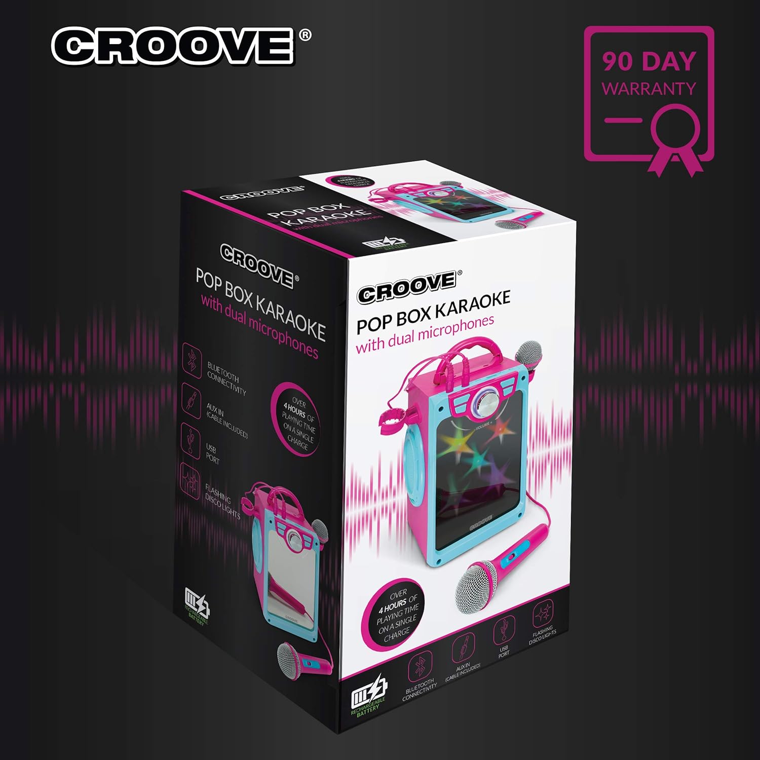 Shows the complete product package, highlighting the karaoke machine and included dual microphones to inform customers of what they'll receive. Emphasizes the 90-day warranty to reassure customers…