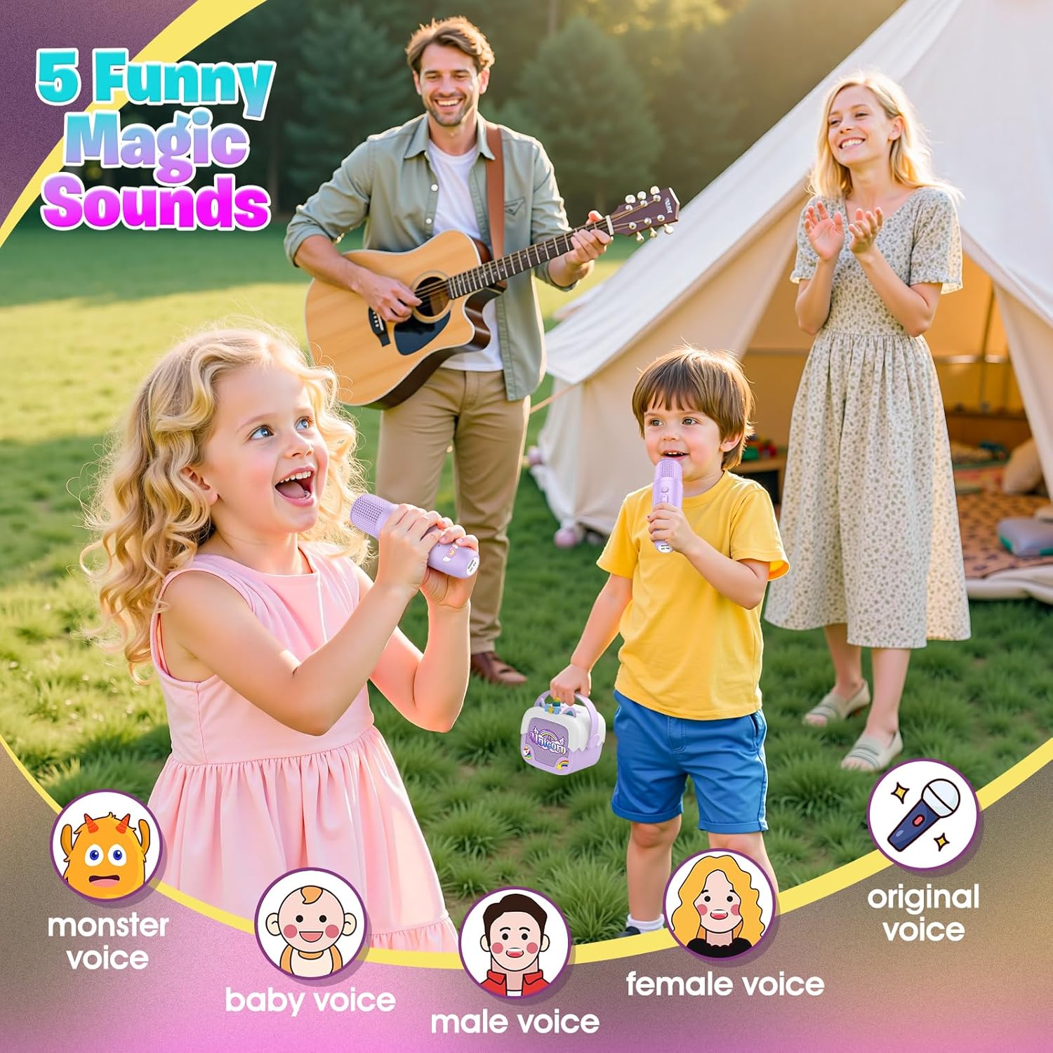 Demonstrates how the product can be used for family entertainment during outdoor activities like camping. Highlights the product's ability to produce various…