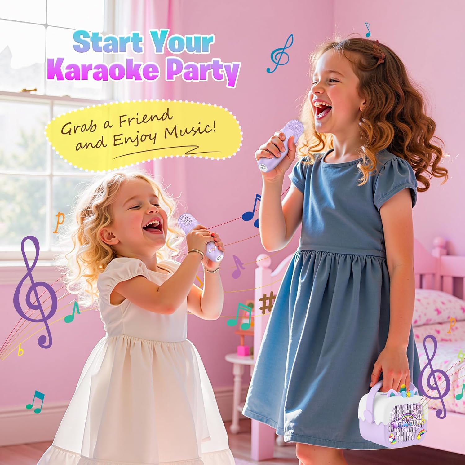 Demonstrates how the karaoke product can be used for fun, social entertainment with friends. Shows the product being enjoyed by children in a home setting,…