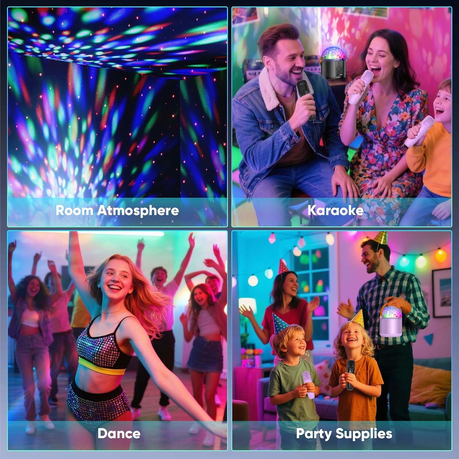 Demonstrates the versatility of the product by showcasing multiple use cases for entertainment and creating party atmospheres.