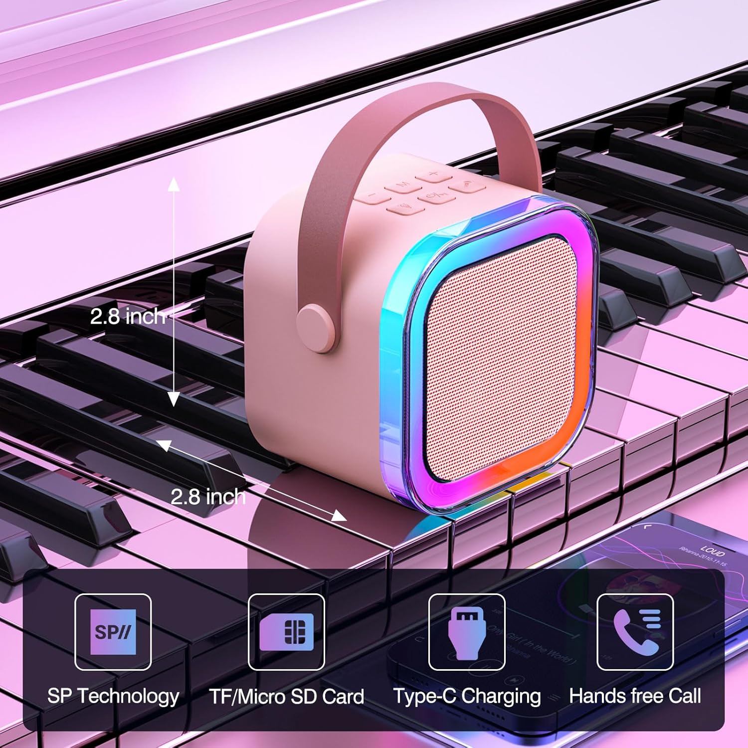 Demonstrates the small, portable size of the speaker by showing its dimensions on piano keys. Highlights multiple features of the speaker to showcase its versatility and technological capabilities.