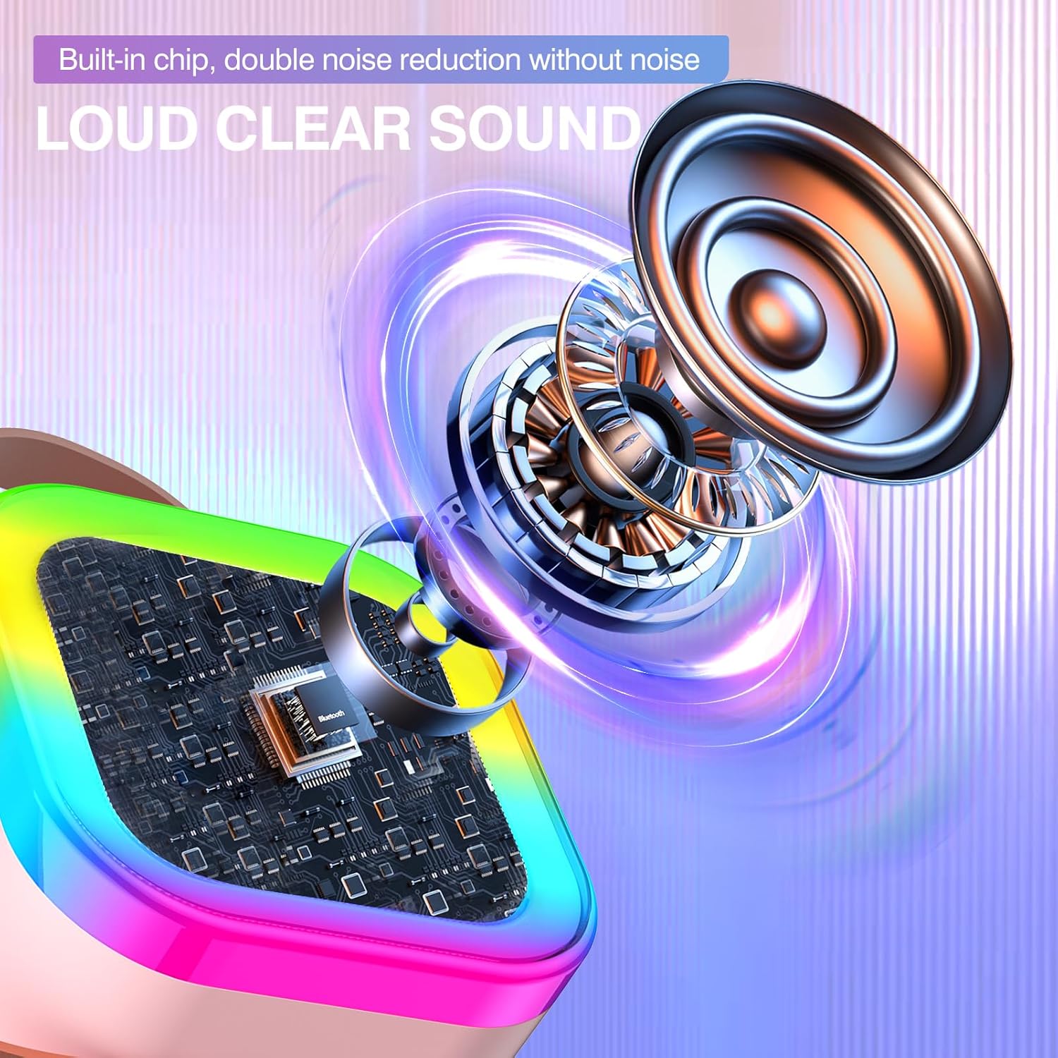 Highlights the product's built-in chip for double noise reduction, emphasizing clear sound quality.