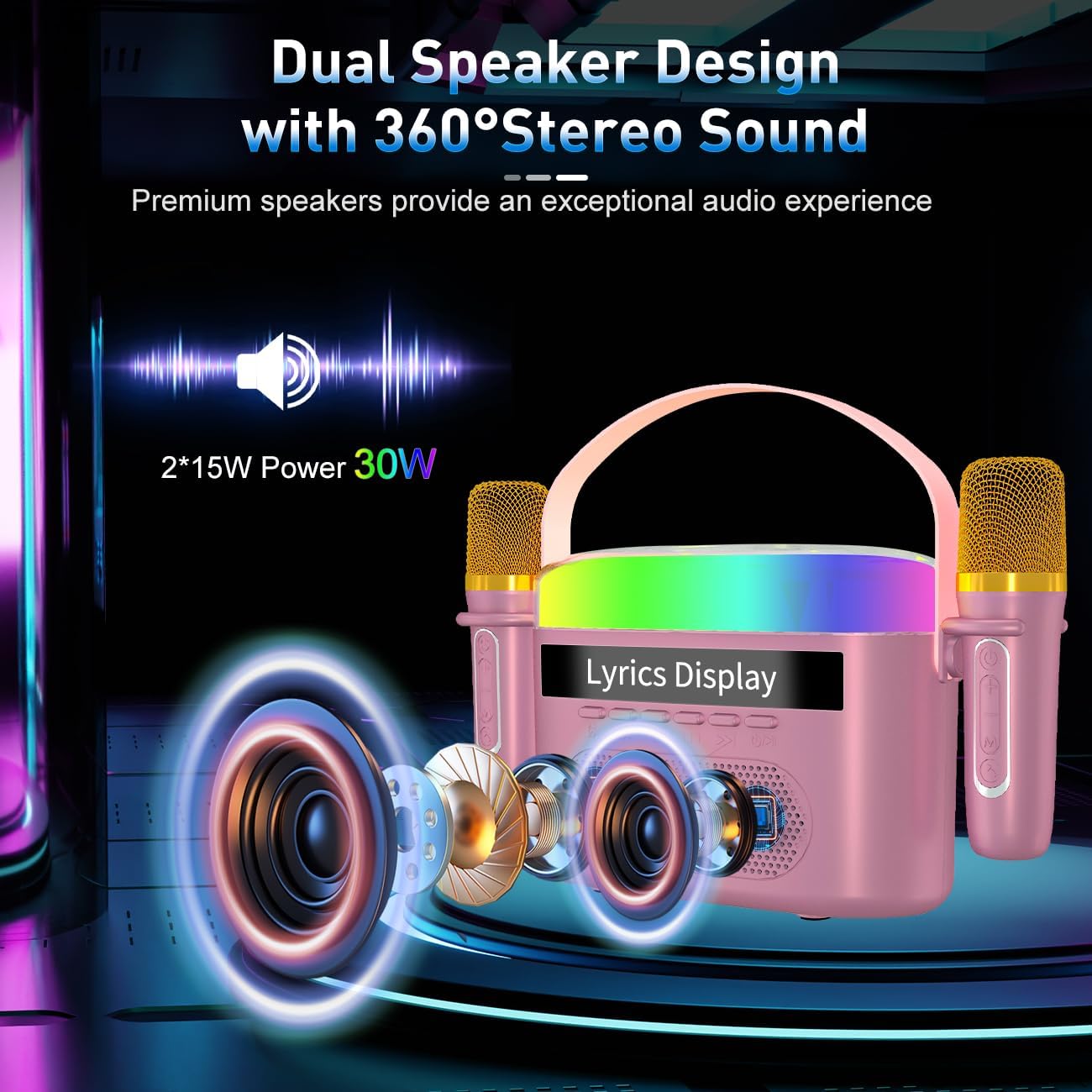 Highlights multiple audio features to showcase the product's superior sound quality and functionality.