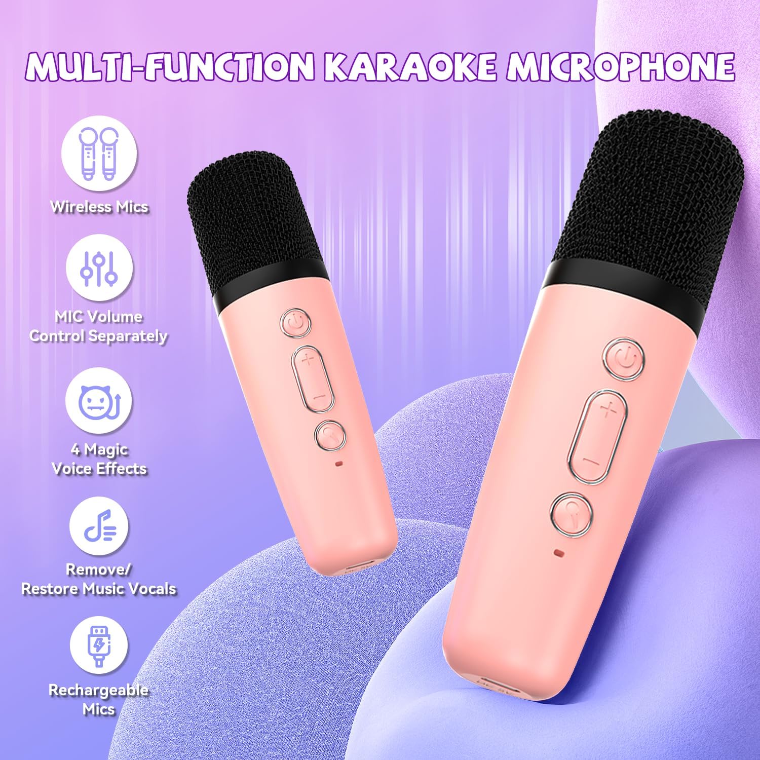 Highlights multiple features of the karaoke microphone to showcase its versatility and advanced capabilities for potential buyers.