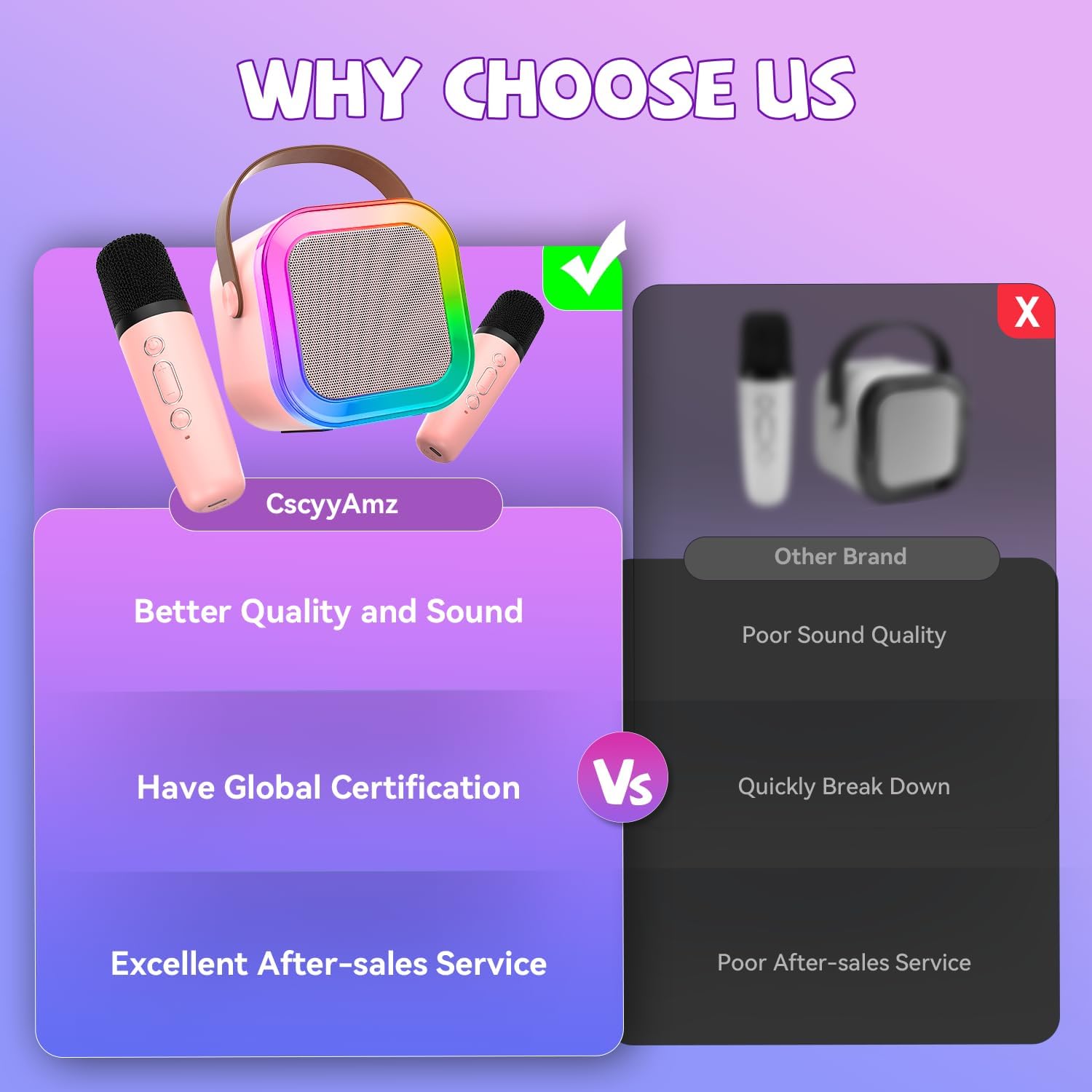 Highlights the superiority of the CscyyAmz brand over other brands in terms of sound quality, certification, and customer service.