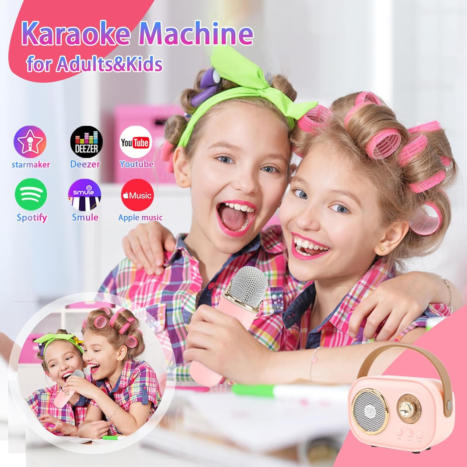 Showcases the karaoke machine as a fun activity for both adults and kids, highlighting its compatibility with popular music streaming services.