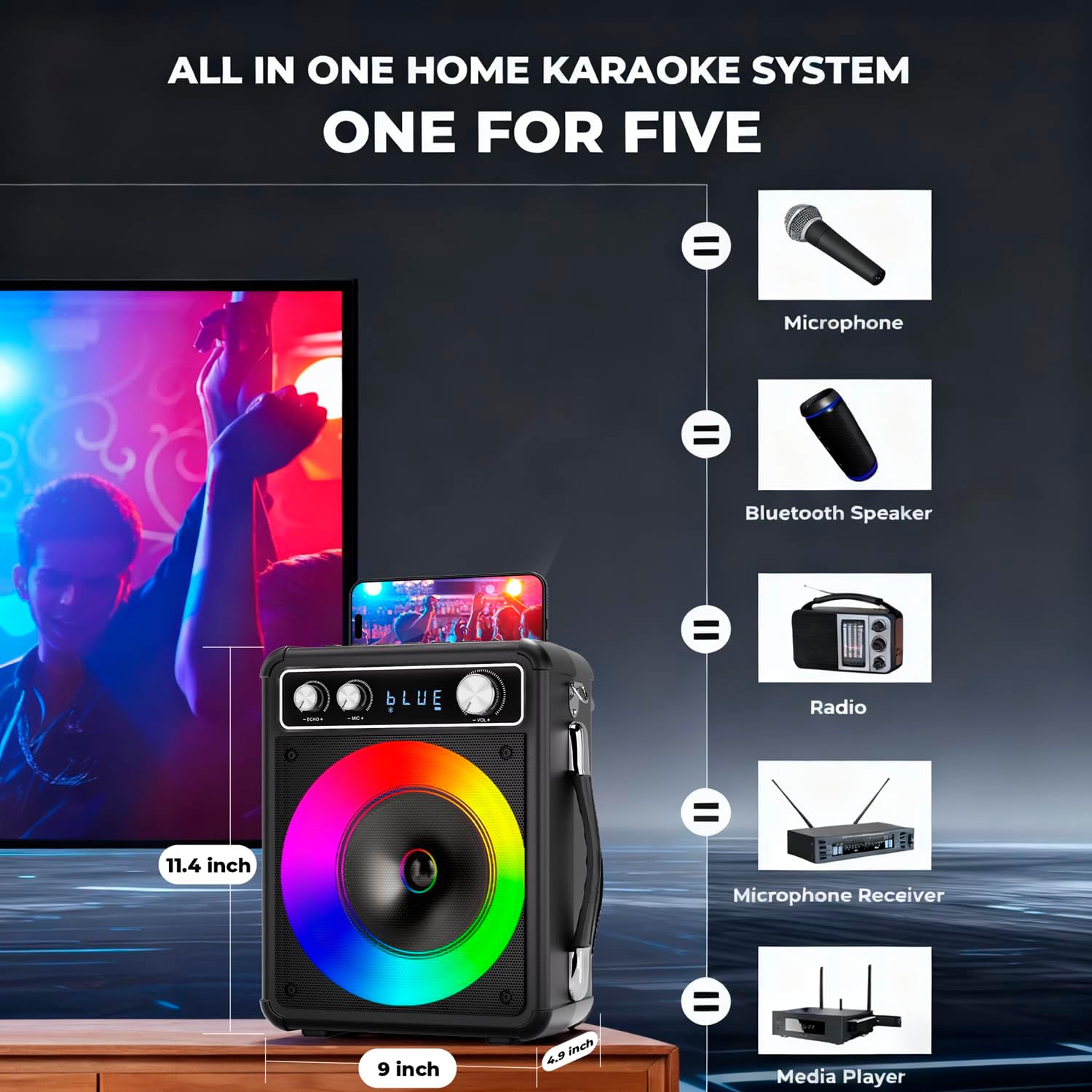 Showcases the product as a comprehensive home karaoke system that combines multiple devices into one, emphasizing its versatility and value.