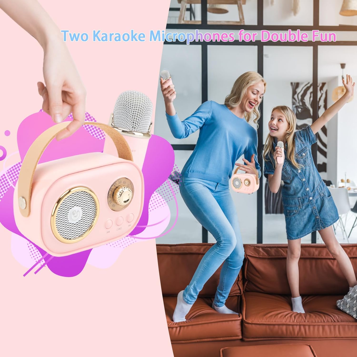 Demonstrates how the product can be used for fun family activities like karaoke, appealing to parents looking for engaging entertainment options. Highlights that the product comes with two…