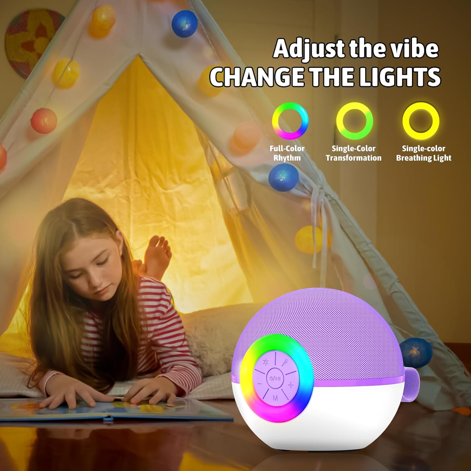 Showcases the product's various lighting options to create different moods and atmospheres for children's play areas.