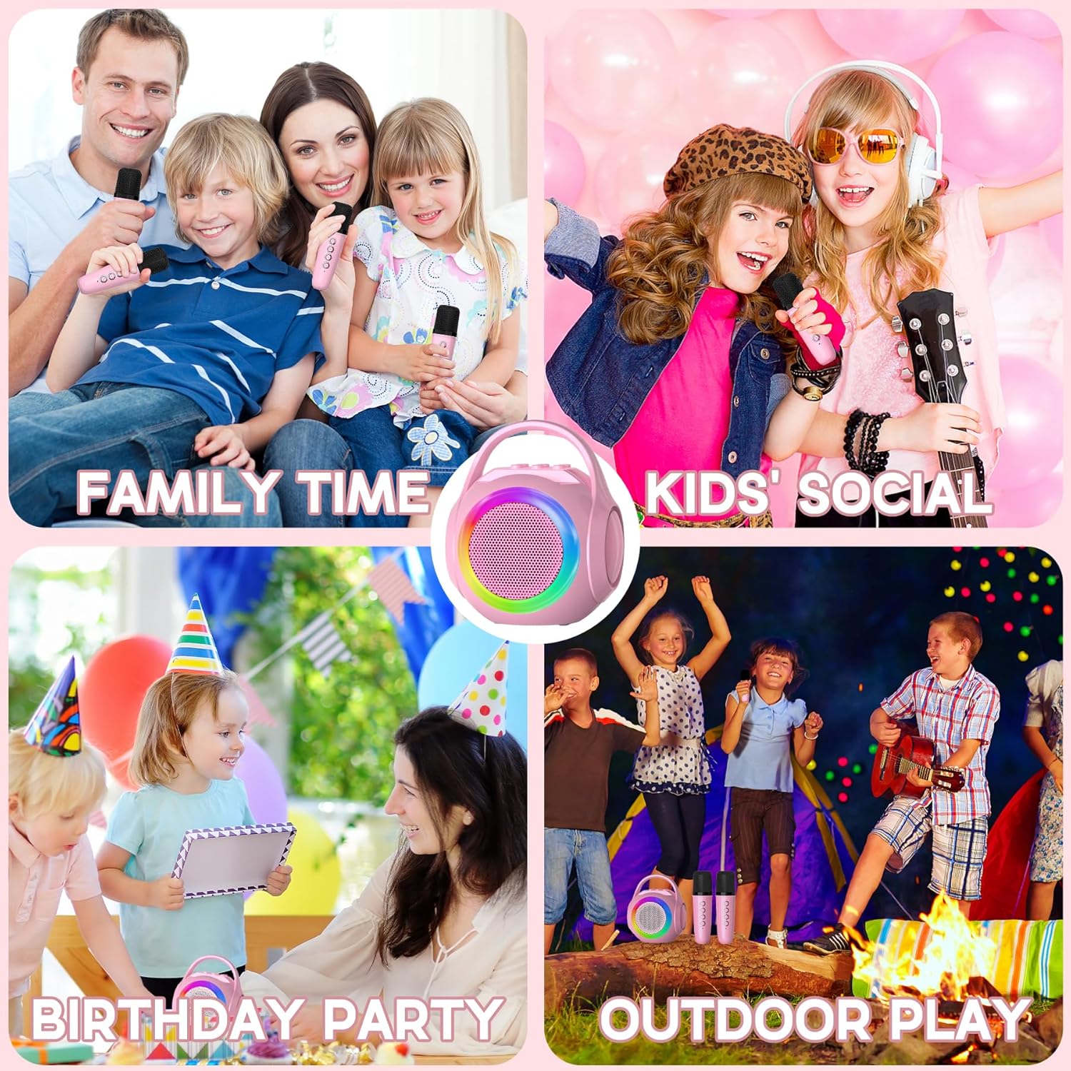 Demonstrates various scenarios where the product (likely a portable speaker or karaoke device) can be used, showcasing its versatility for different family…