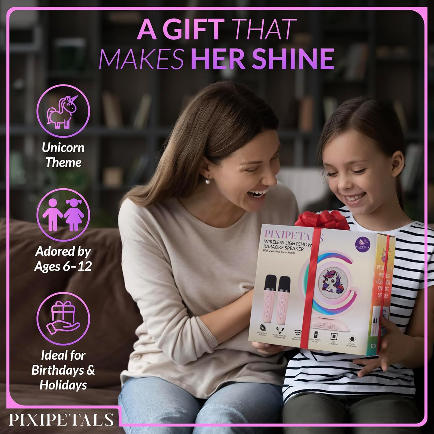 Highlights multiple selling points of the product as an ideal gift for young girls, emphasizing its unicorn theme, target age range, and suitability for…