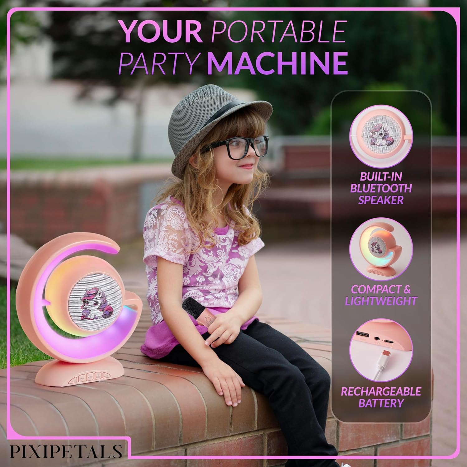 Showcases multiple features of the portable speaker to highlight its versatility and convenience for young users. Demonstrates the product's use case as a…