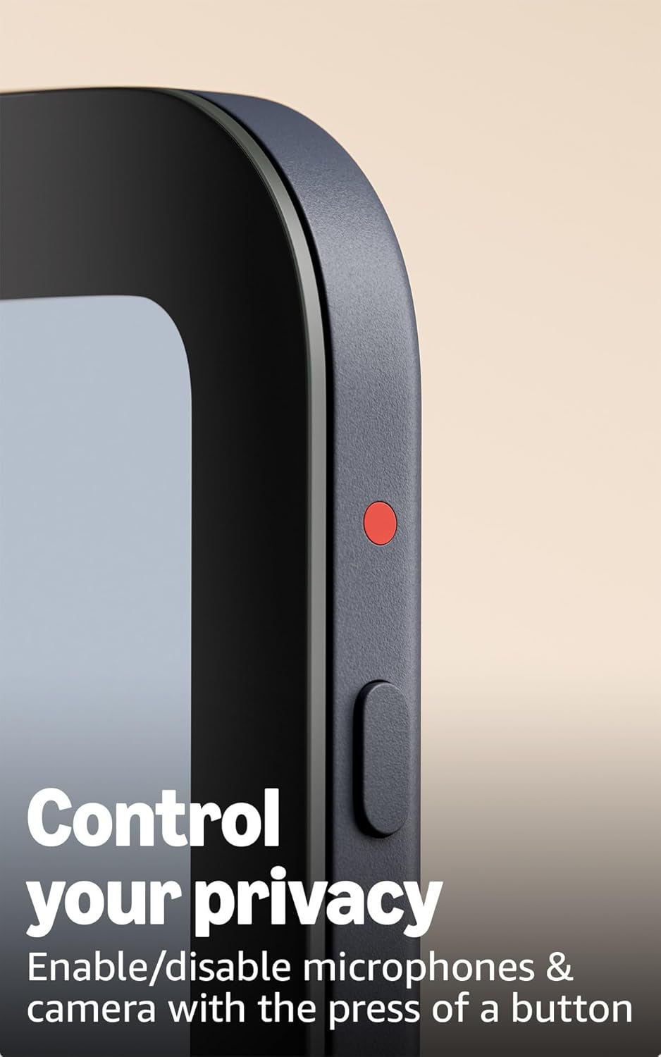 Highlights the product's ability to enable/disable microphones and camera with a physical button, emphasizing user privacy control.