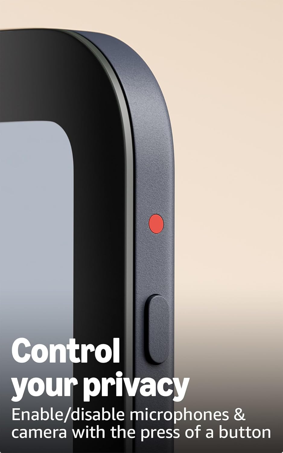Highlights the product's privacy feature that allows users to easily enable/disable microphones and camera with a button press.
