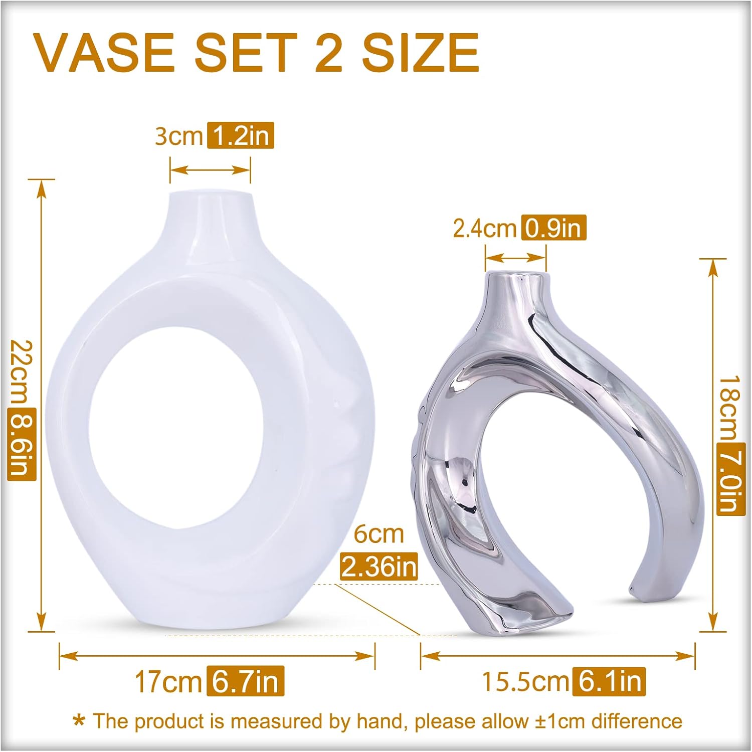 Provides precise measurements of two vases to help customers understand their exact sizes and proportions.