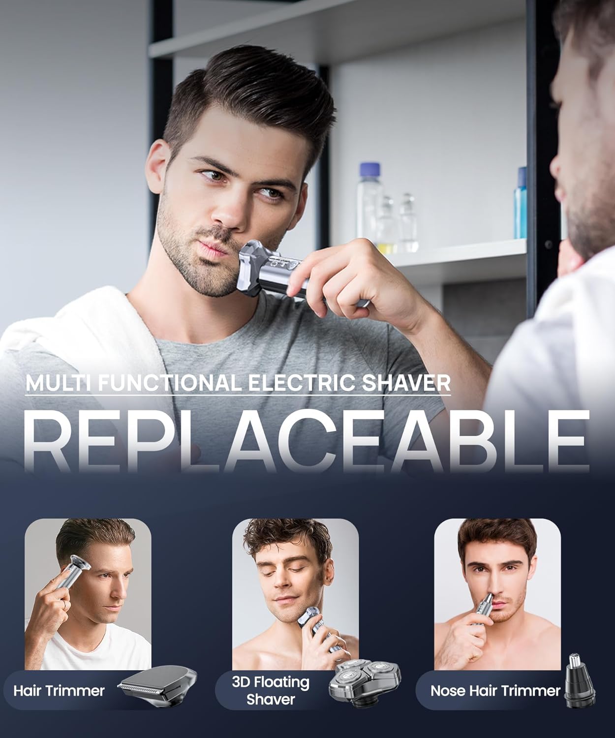 Showcases the product's versatility with multiple attachments for different grooming needs.
