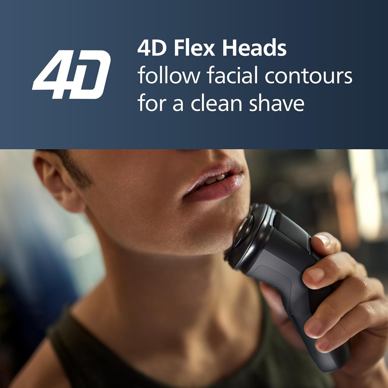 Highlights the product's 4D Flex Heads feature that follows facial contours for a clean shave, emphasizing improved shaving performance.
