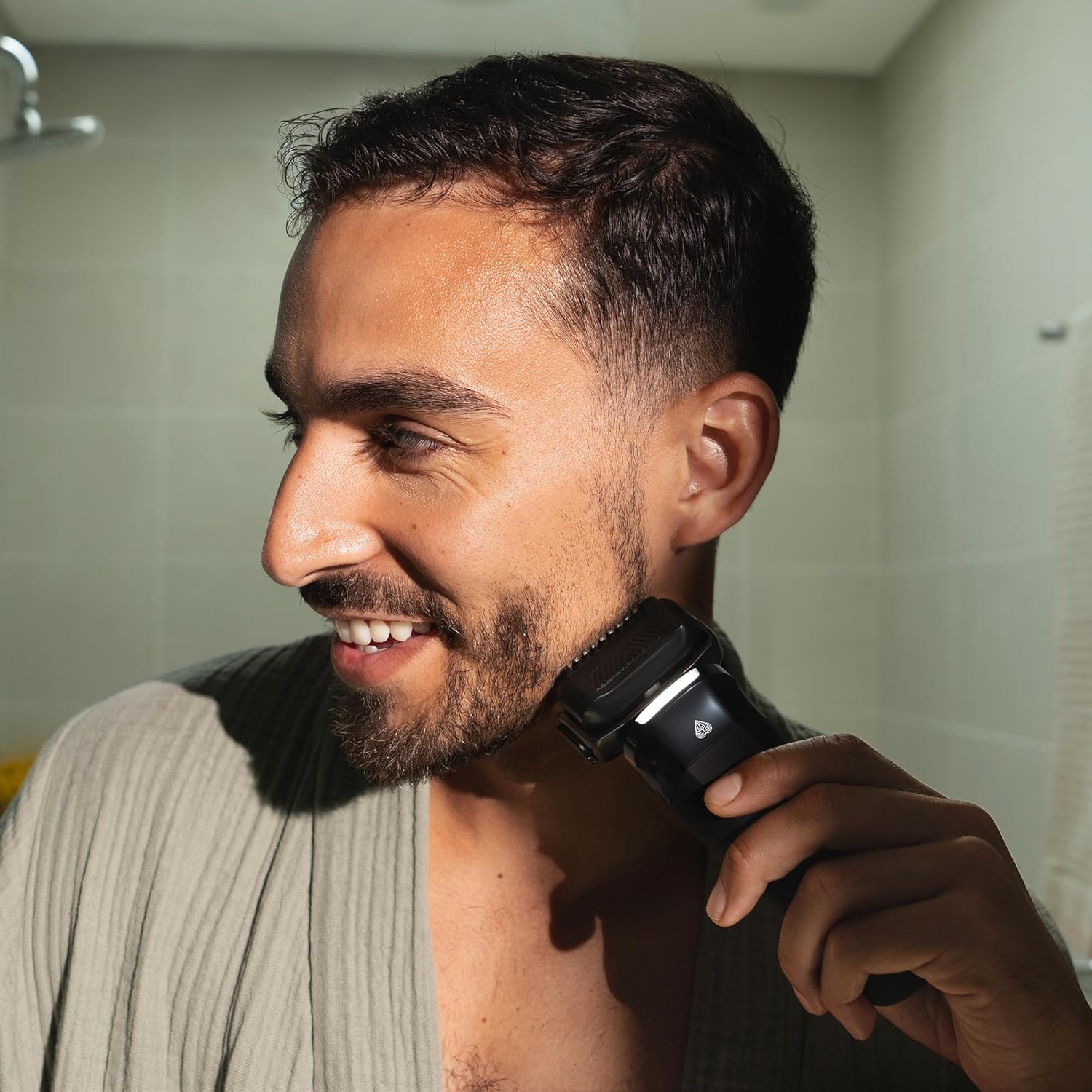 Shows the product being used in a real-life context, demonstrating its ease of use and effectiveness for personal grooming.