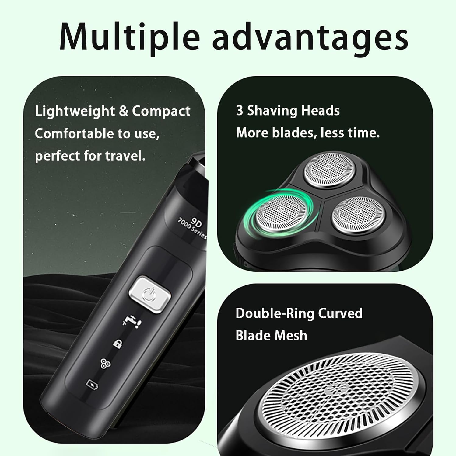 Highlights multiple key features of the electric shaver to demonstrate its versatility and effectiveness for potential buyers.
