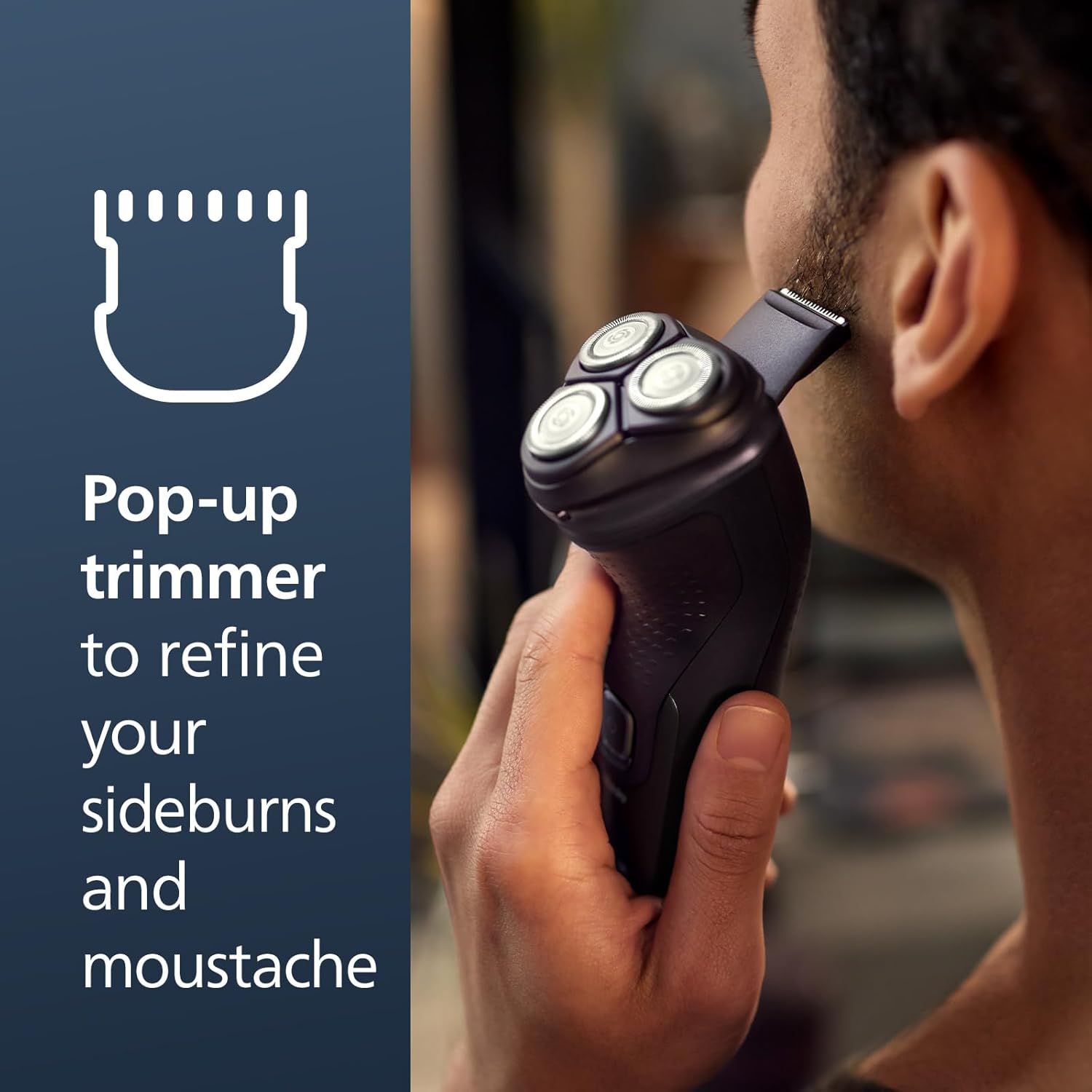 Highlights the product's pop-up trimmer feature for precise grooming of sideburns and moustache.